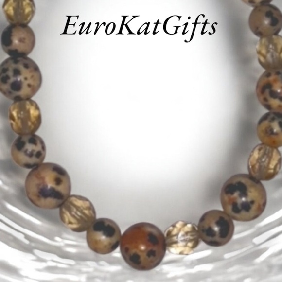 Pretty Beaded Bracelet Semi precious Dalmatian Jasper Amber crystal T clasp NEW - Picture 10 of 11